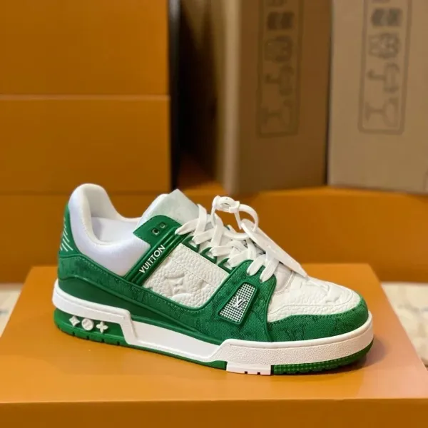 Louis Vuitton Trainer Green and White Monogram Sneakers - 1
