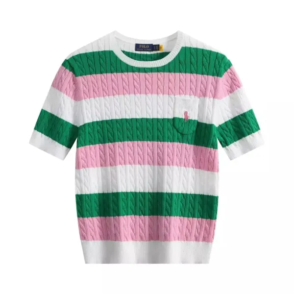 Polo Ralph Lauren Cable Knit Stripe Short-Sleeve Sweater Green Pink White - 1