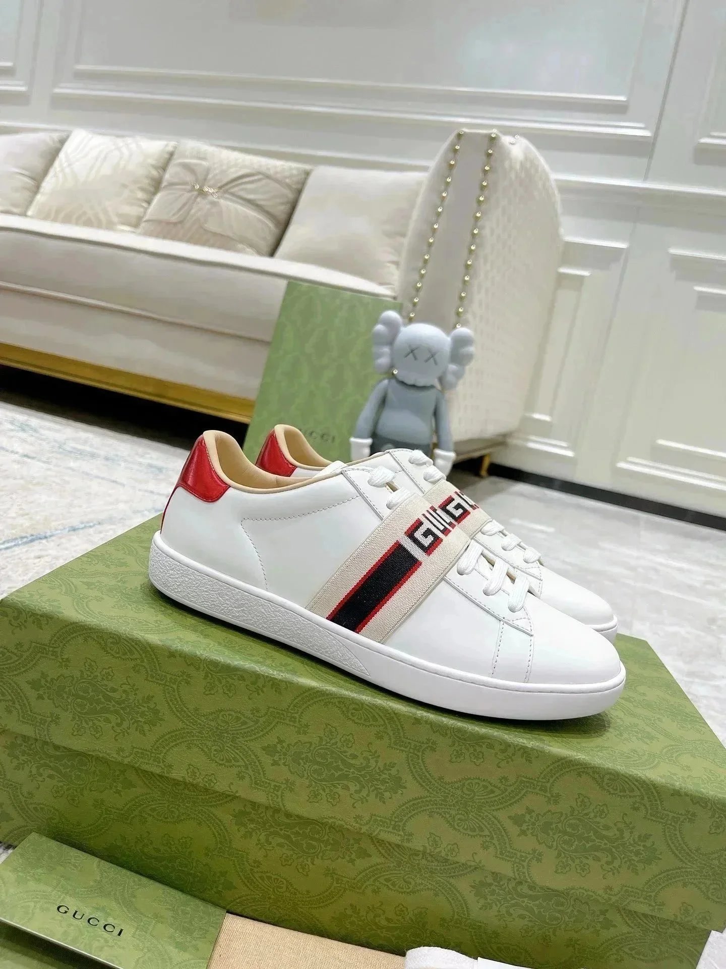 Gucci Ace Web Stripe White Red Leather Sneakers - 1
