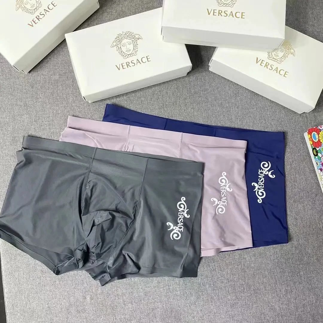 Versace Logo-Print Boxer Briefs in Gray, Lilac, and Navy Underwear - 4