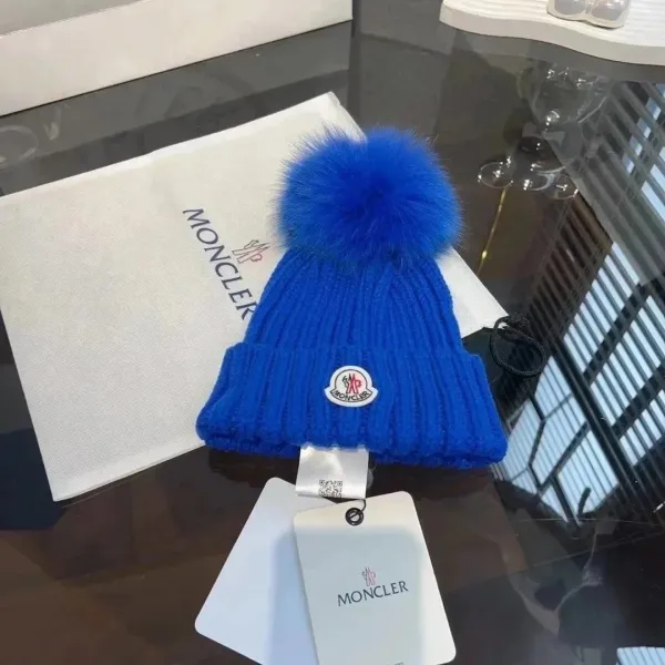 Moncler Beanie with Fox Fur Pom-Pom Royal Blue Hat - 1