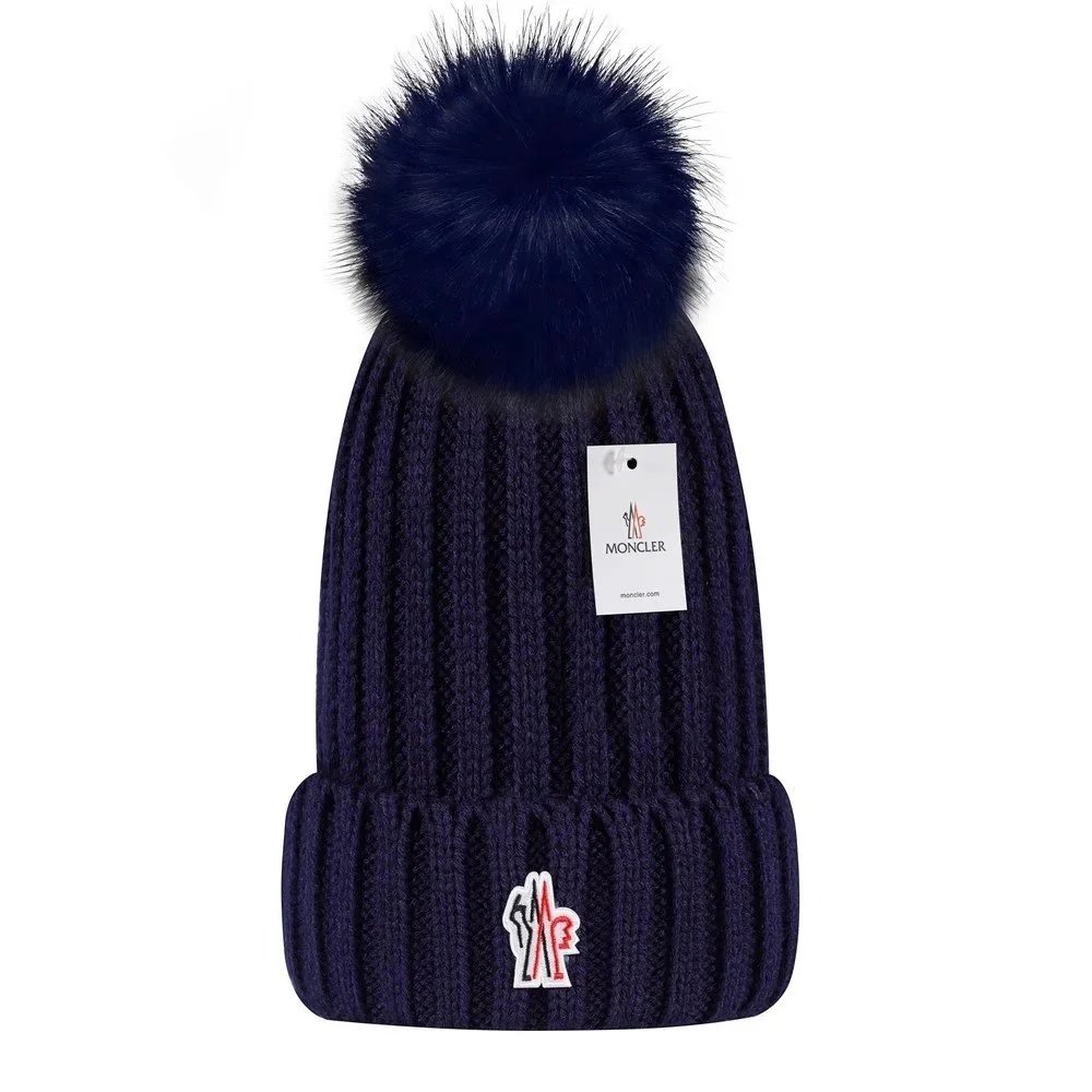 Moncler Beanie with Fur Pom-Pom Navy - 1