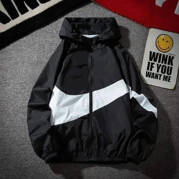 Design Windbreaker Jacket Black and White Color-Block Windbreaker - 1
