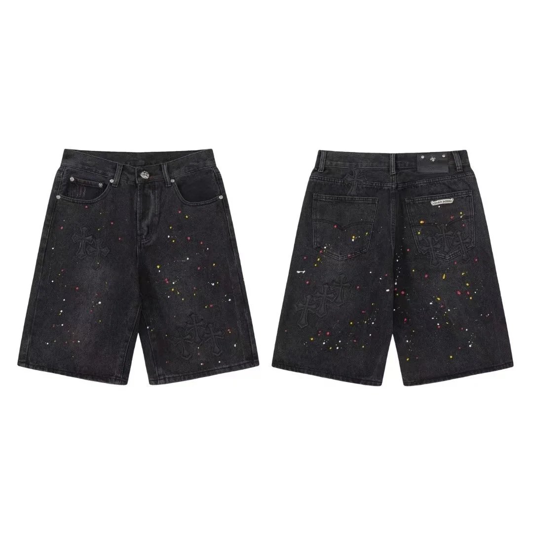Chrome Hearts Cross Patch Paint Splatter Denim Shorts