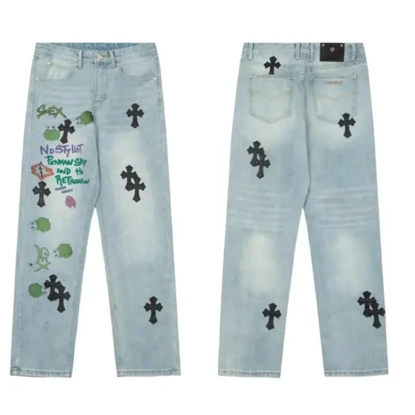 Chrome Hearts x NoStylist Cross-Embroidered Light Wash Jeans - 1