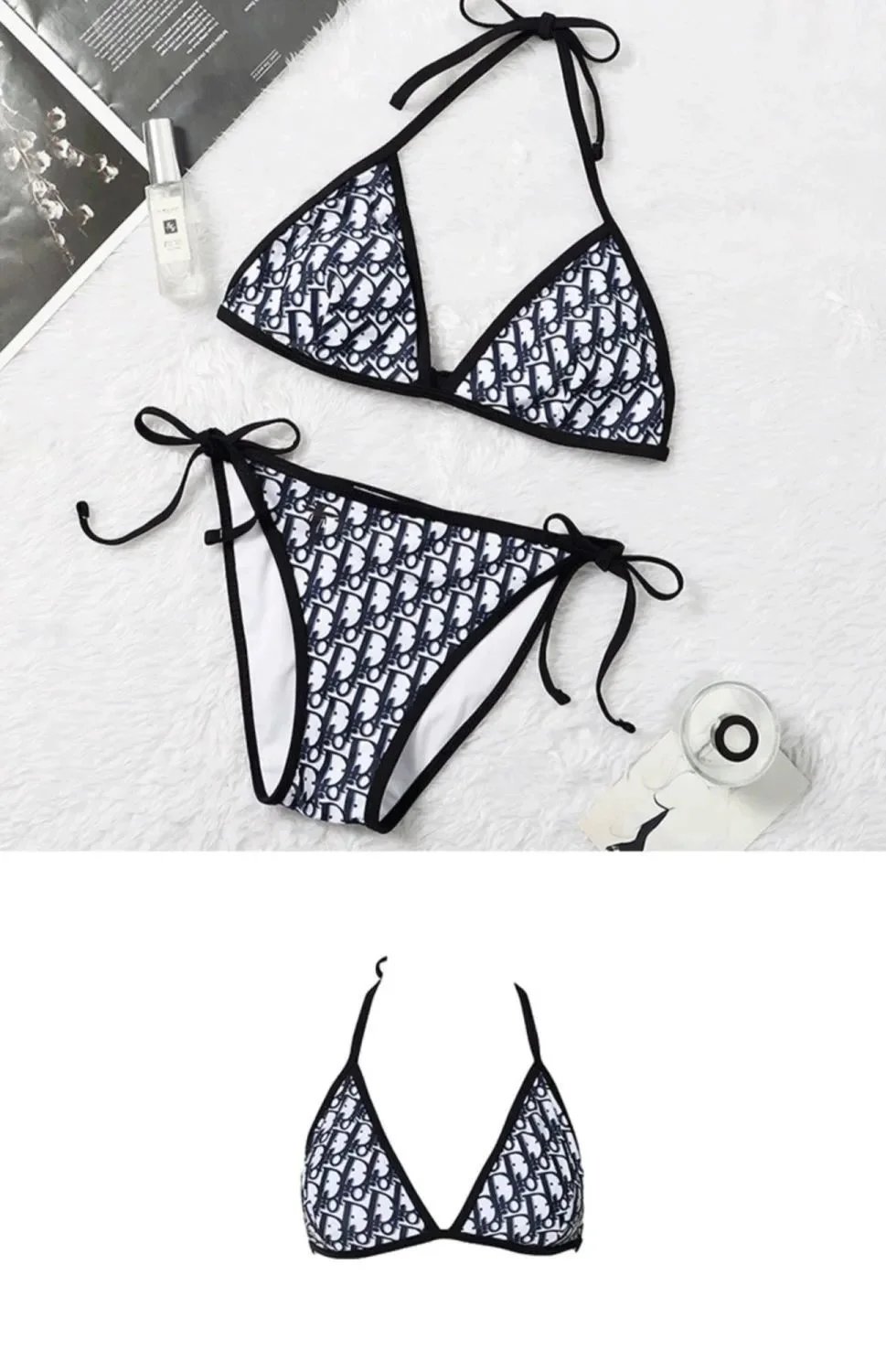 Dior Oblique Print Red and White Triangle Bikini Set - 7