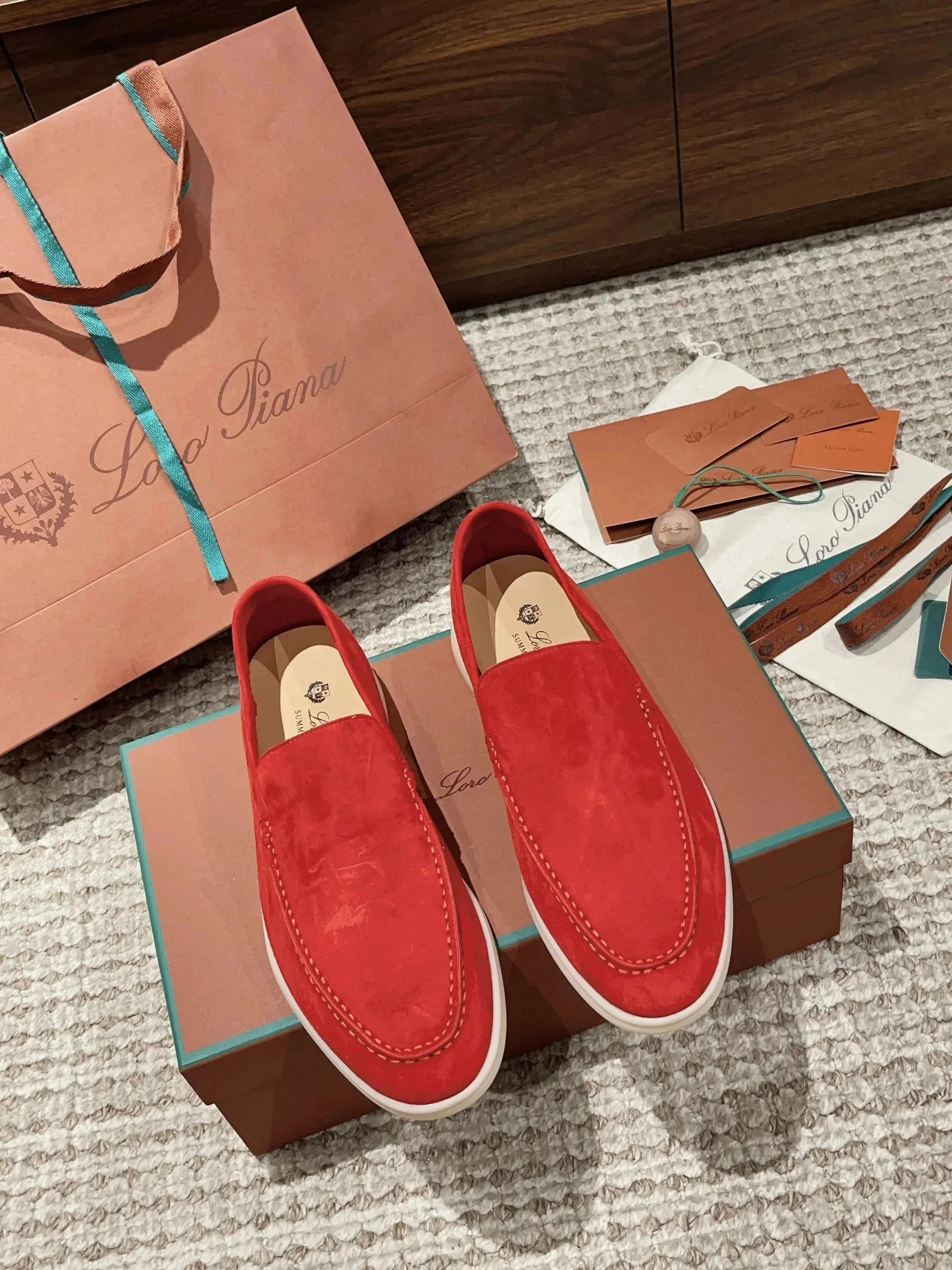 Loro Piana Summer Walk Suede Loafers Red Casual Shoes - 1