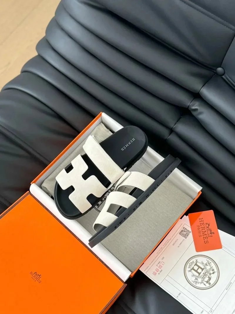 Hermès Oran Slide Sandals Black with White Star Embroidery Slippers - 3