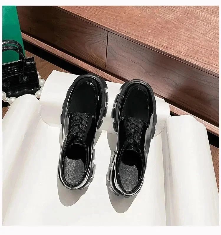 Chunky Platform Derby Shoes Black Leather Shoes - 6