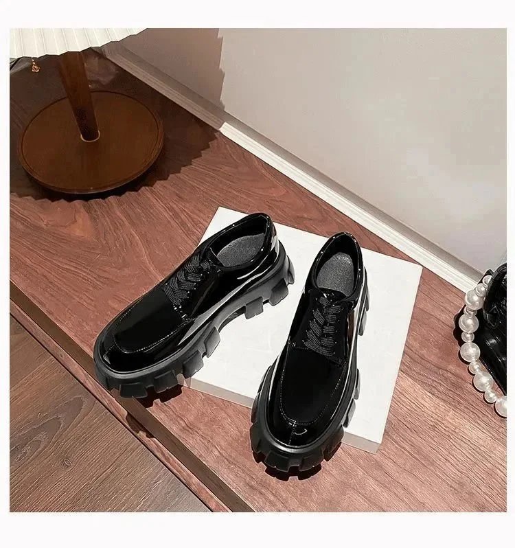 Chunky Platform Derby Shoes Black Leather Shoes - 8
