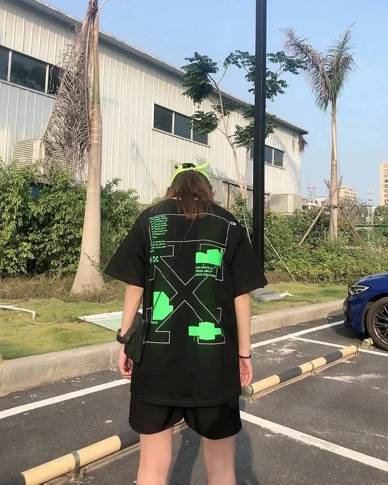 Off-White Virgil Abloh Mens Collection Black T-Shirt with Green Industrial Print - 5