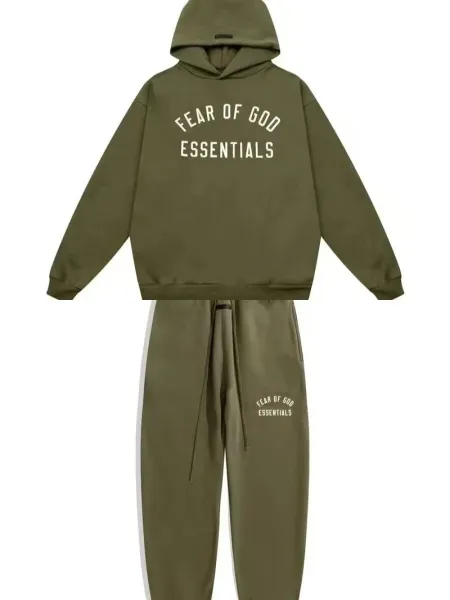Fear of God Essentials Olive Green Hoodie and Sweatpants Set - 1