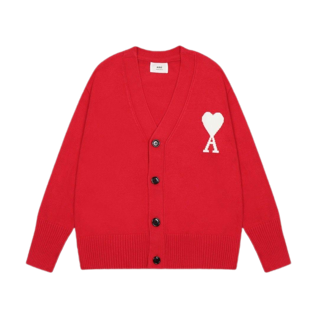 Ami Paris Heart Logo Red Cardigan - 1