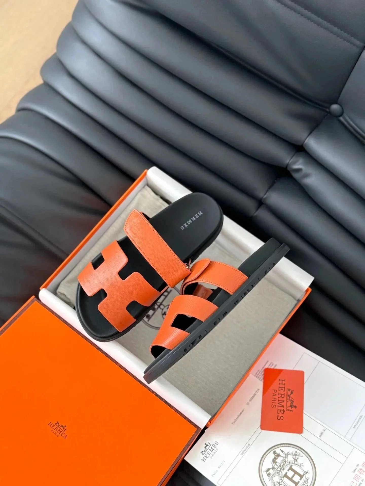 Hermès Oran Sandals Orange and Black Leather Slippers - 1