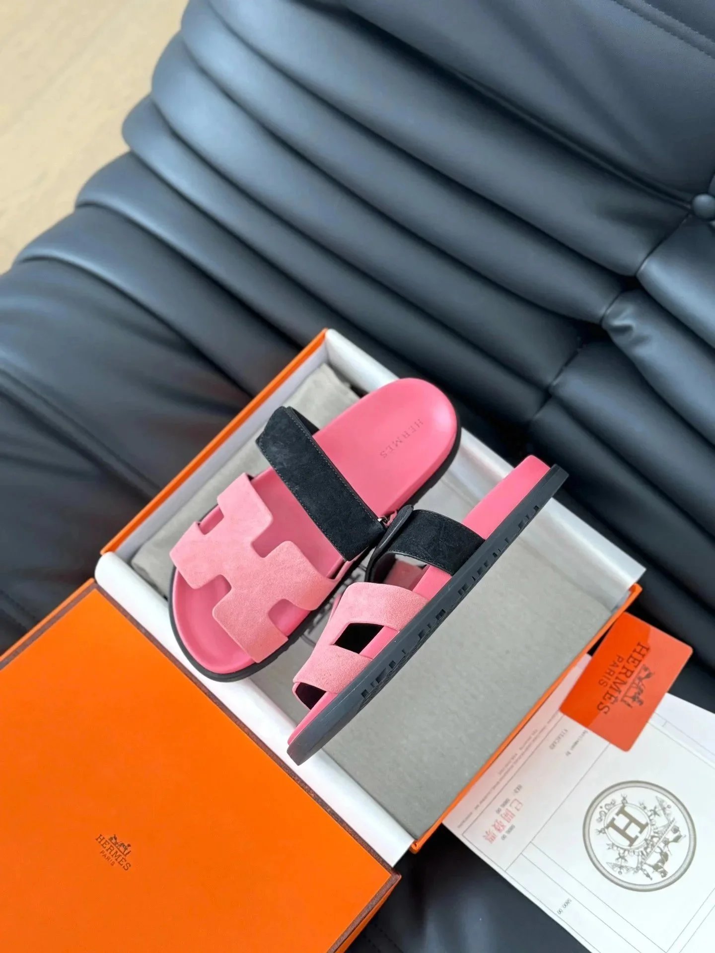 Hermès Oran Sandals Pink and Black Suede Slide Sandals - 1