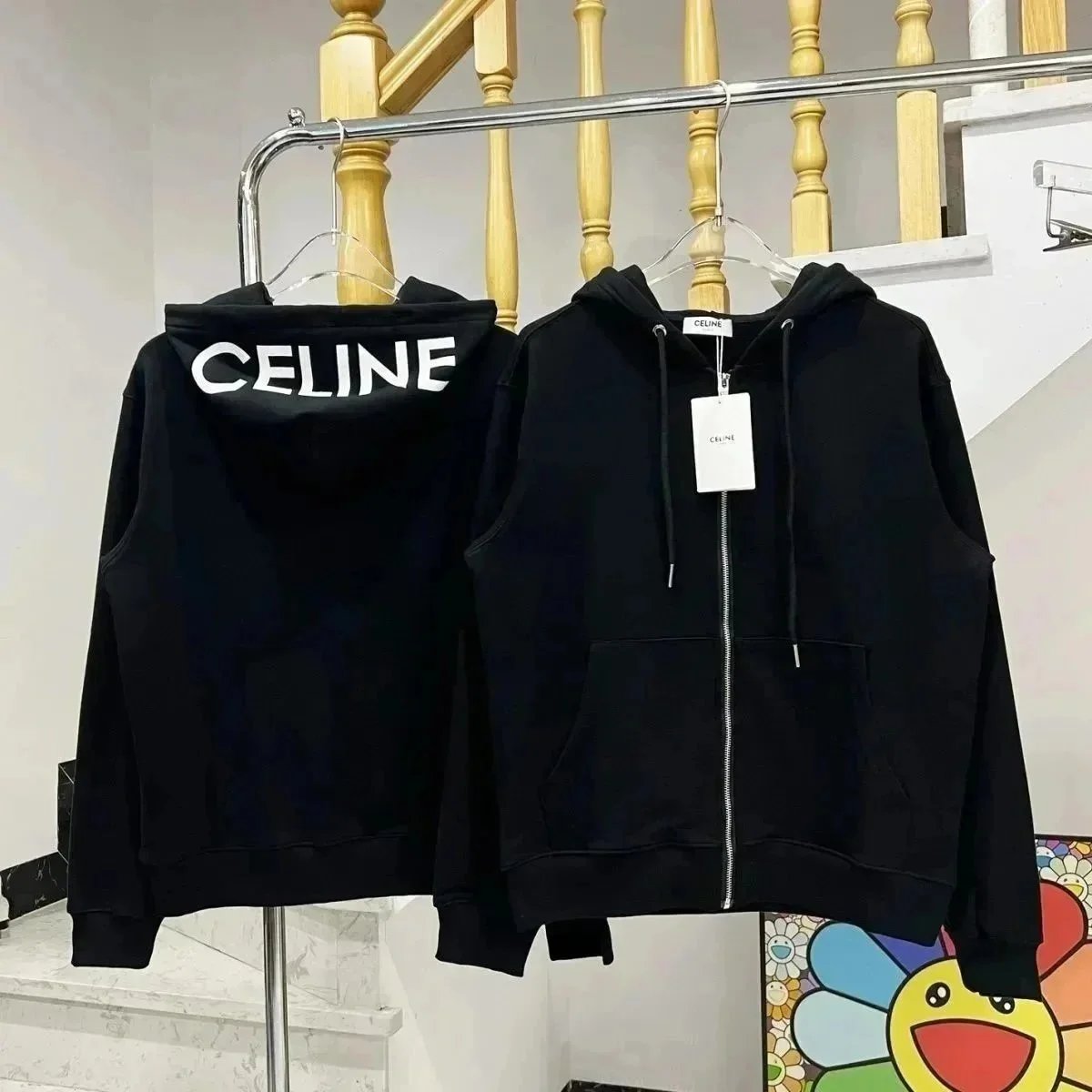 Celine Logo Print White Hoodie and Sweatpants Set - 4