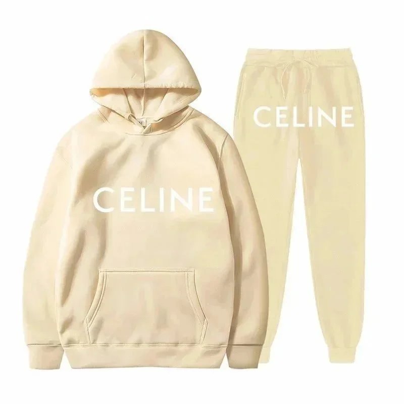 Celine Logo Print White Hoodie and Sweatpants Set - 10