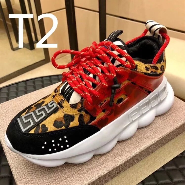 Versace Chain Reaction Leopard Print Red Lace Chunky Sneakers - 7