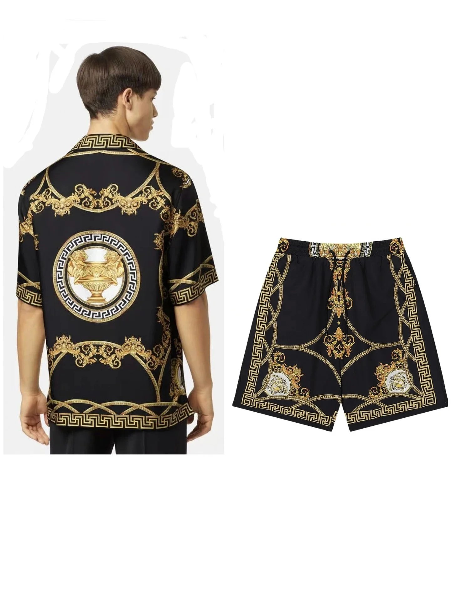 Versace Baroque Print Black and Gold Shirt and Shorts Set - 1