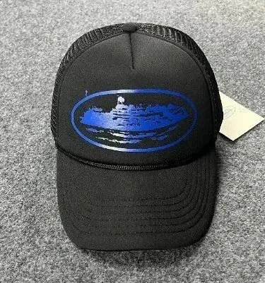 Design Oval Lake Print Black Trucker Hat - 1