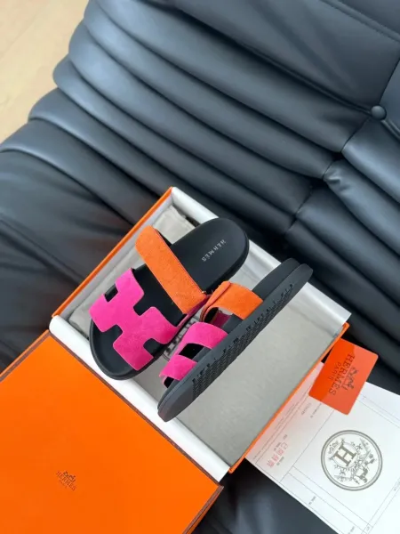Hermès Oran Sandals Pink and Orange Suede Slide Sandals - 1