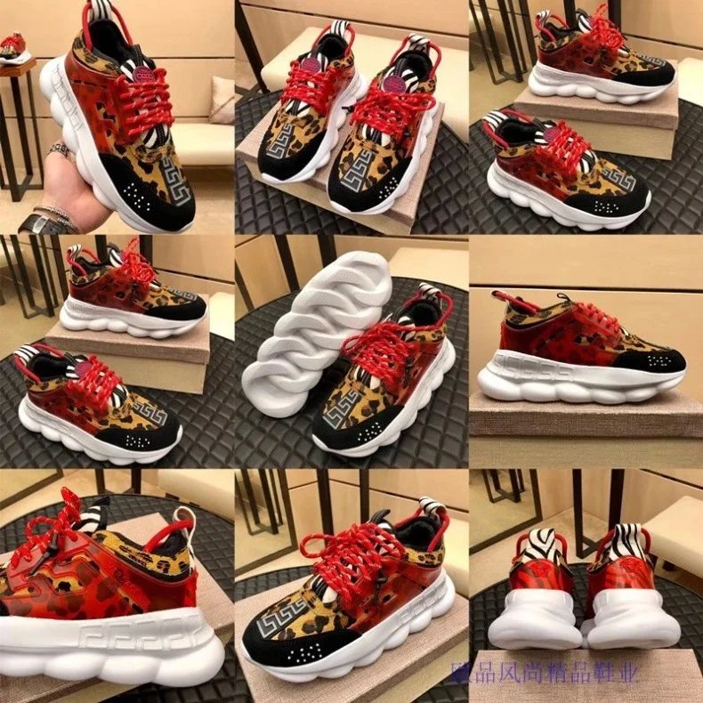 Versace Chain Reaction Leopard Print Red Lace Chunky Sneakers - 8