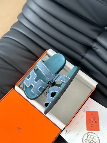 Hermès Oran Sandals Blue Suede with White Stitching Slippers - 1