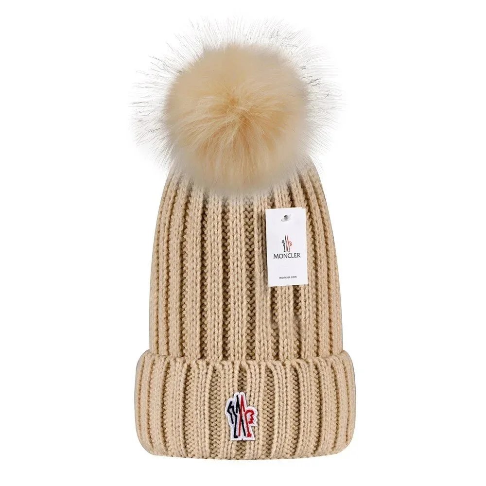 Moncler Beanie with Fur Pom-Pom Beige Knit Hat - 1