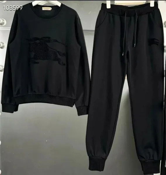 Burberry Equestrian Knight Embroidered Black Hoodie and Sweatpants Set - 1