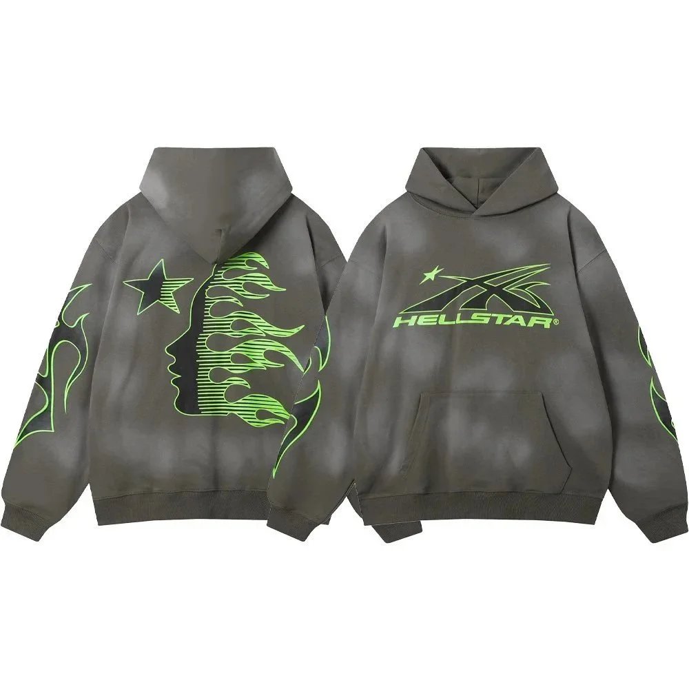 Hellstar Flame Silhouette Hoodie Gray Neon Green - 1