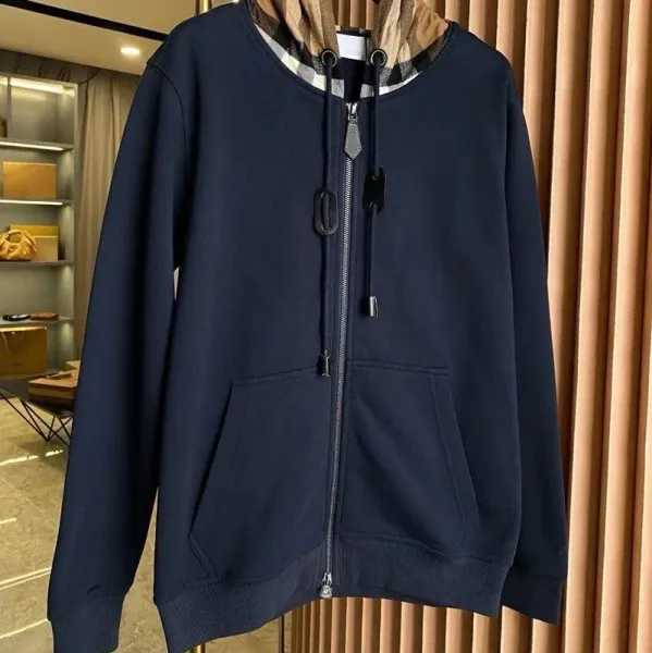 Burberry Check-Trimmed Hooded Zip-Up Sweatshirt Navy - 1
