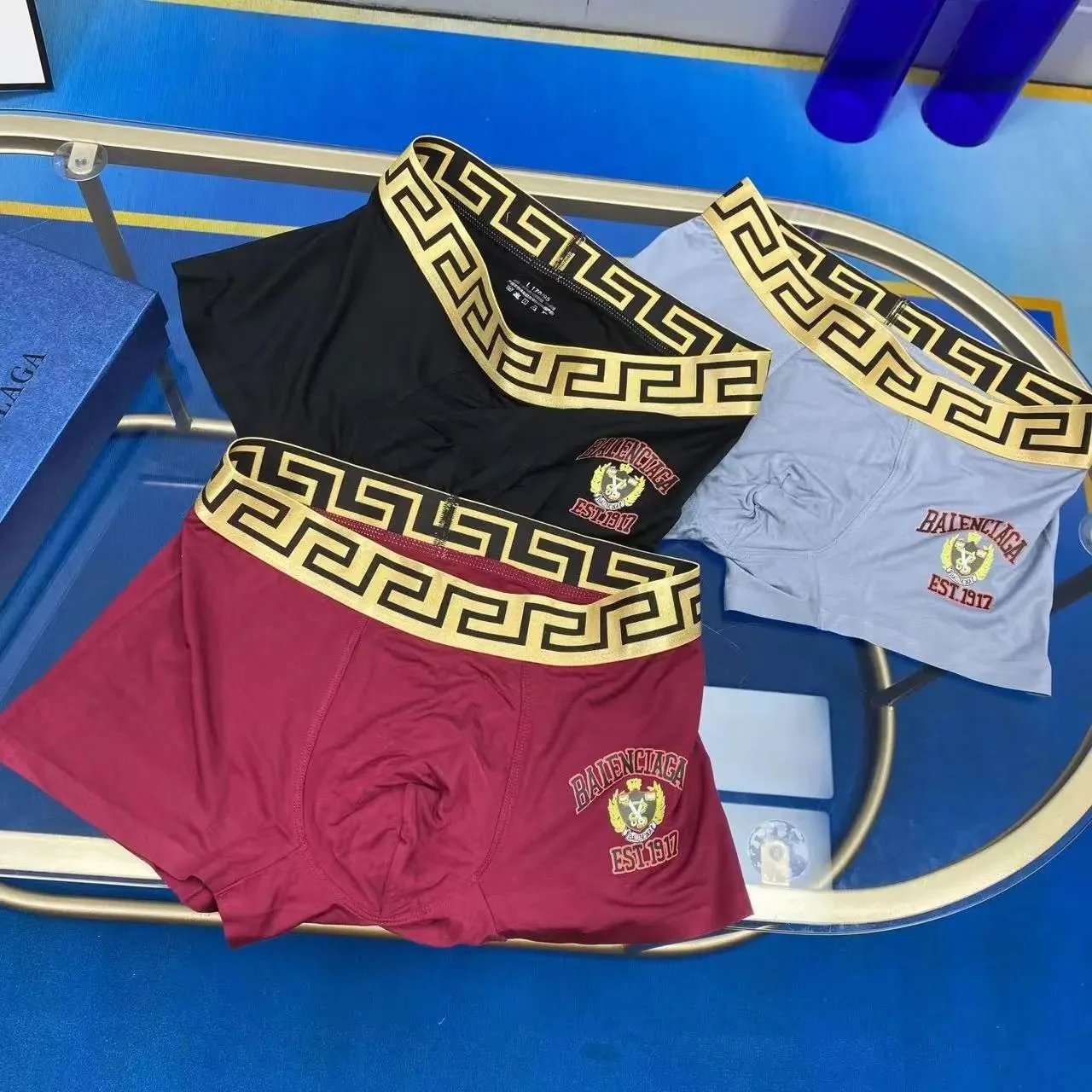 Versace Logo-Print Boxer Briefs in Gray, Lilac, and Navy Underwear - 9