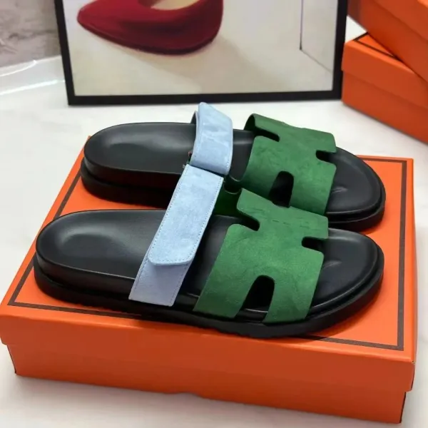 Hermès Oran Slide Sandals Green and Sky Blue Suede Slippers - 1