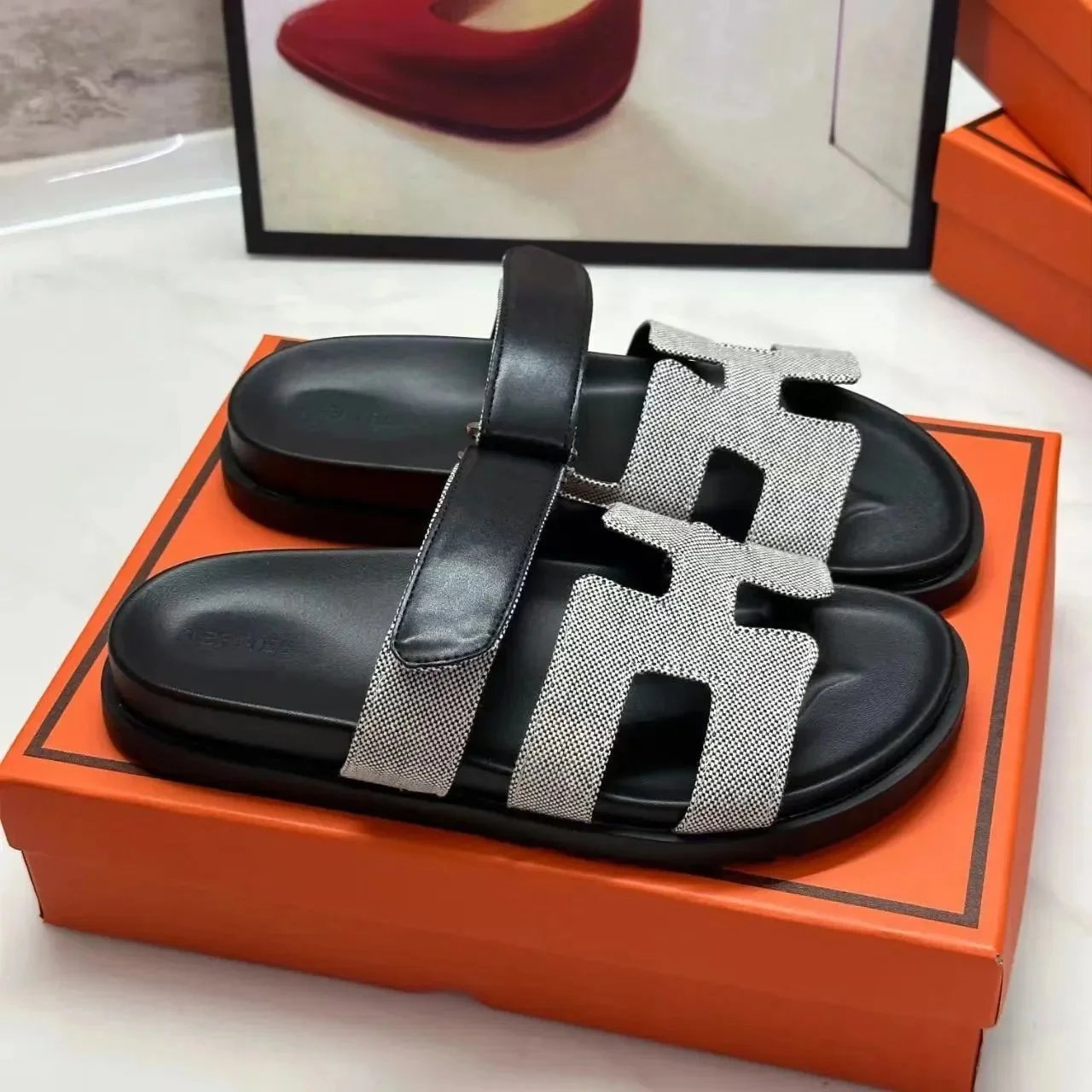 Hermès Oran Sandals Black and Silver Mesh Slippers - 1
