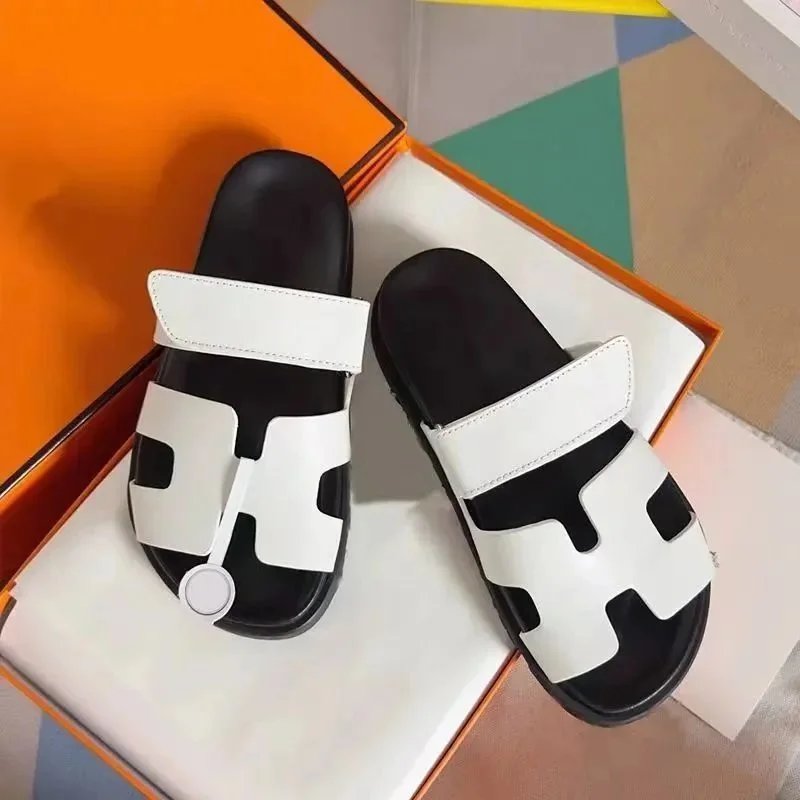 Hermès Oran Slide Sandals White and Black Slippers - 1
