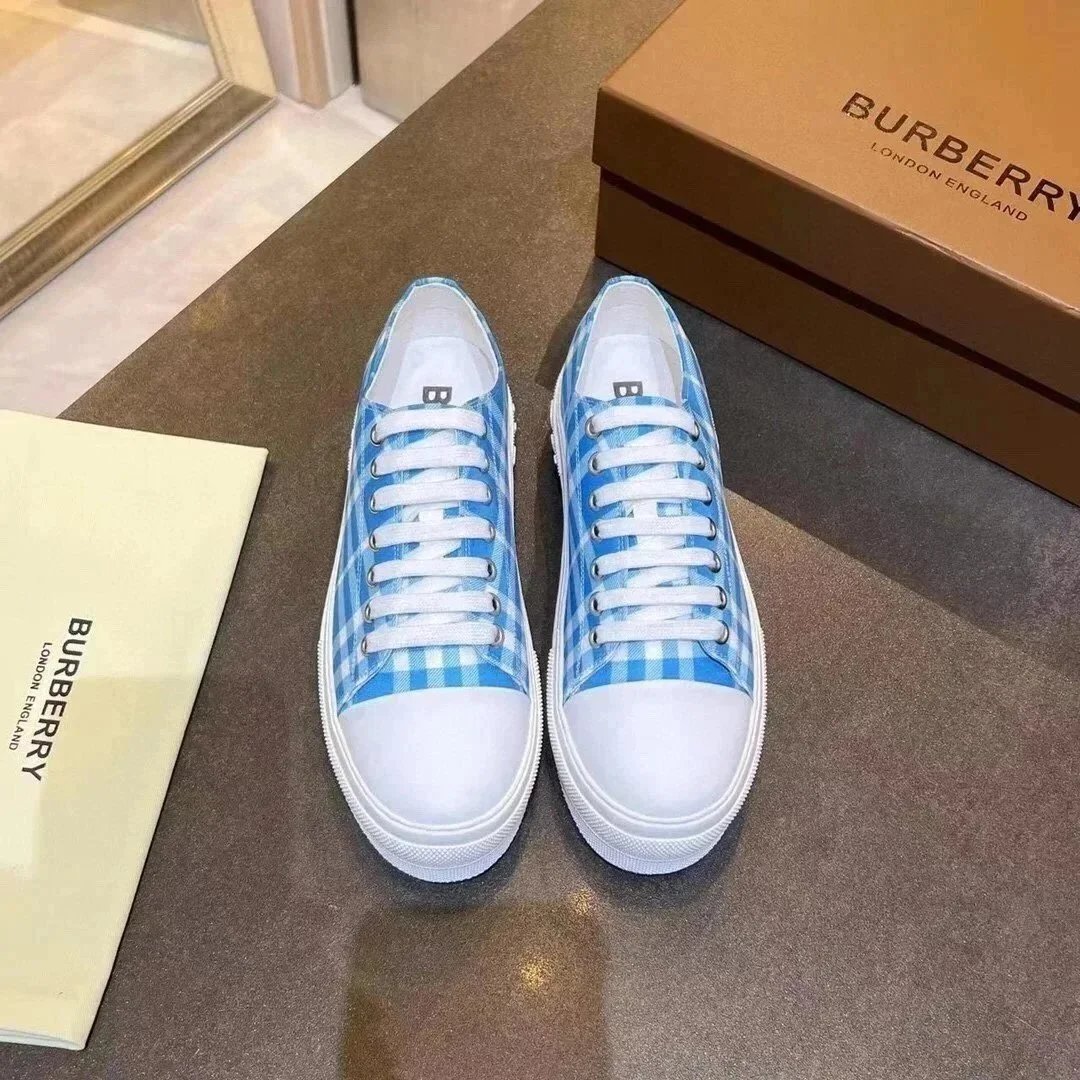 Burberry Check Print Canvas Sneakers Blue and White - 1