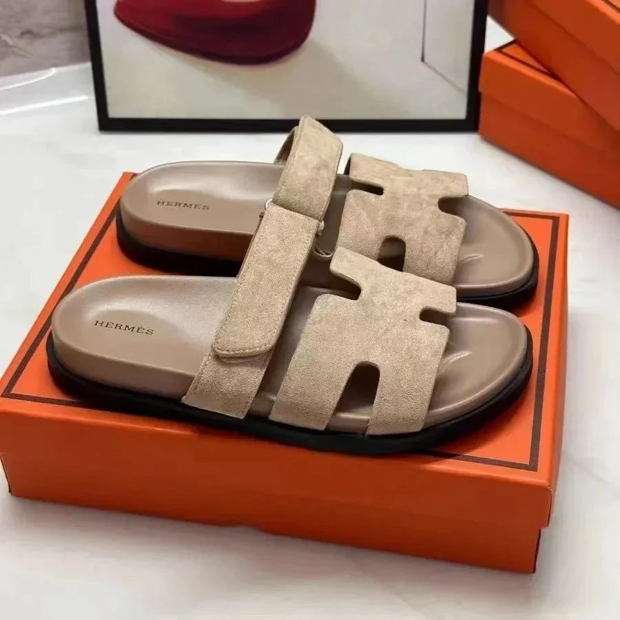 Hermès Oran Sandals Beige Suede Slippers - 1