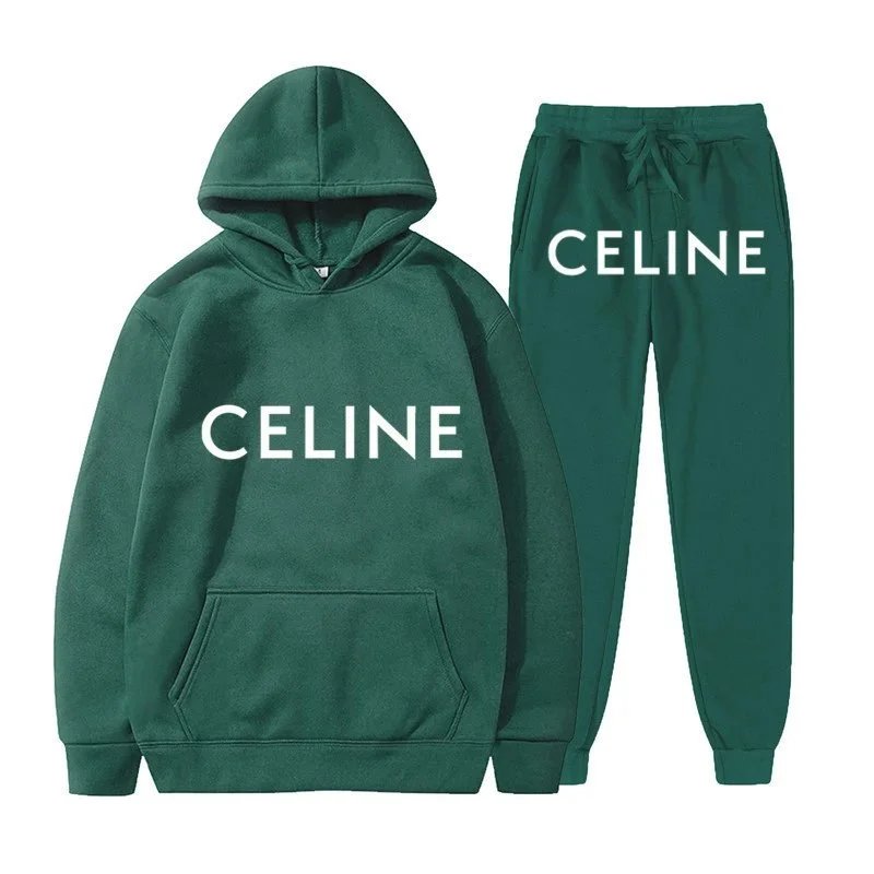 Celine Logo Print White Hoodie and Sweatpants Set - 11