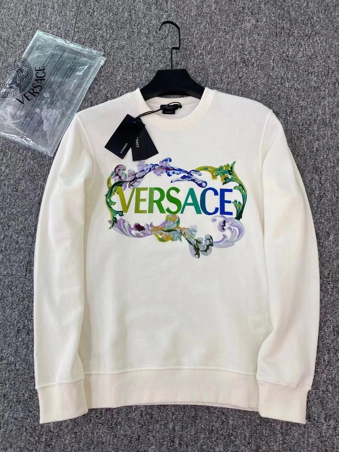 Versace Baroque Logo Embroidered Cream Hoodie - 1