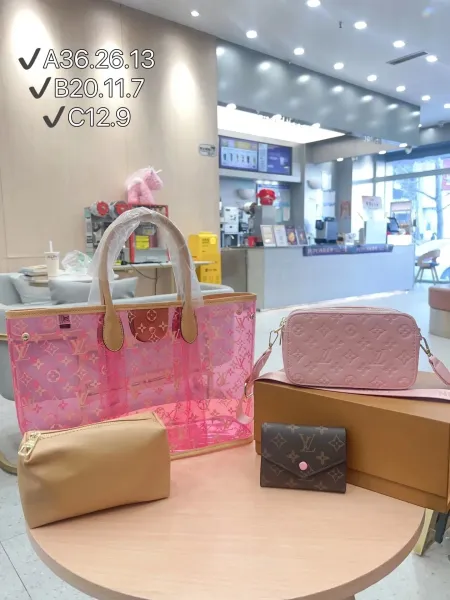 Louis Vuitton Monogram Neon Pink Transparent Tote Bag, Rose Pink Camera Bag, Beige Pouch, and Brown Monogram Card Holder Set - 1