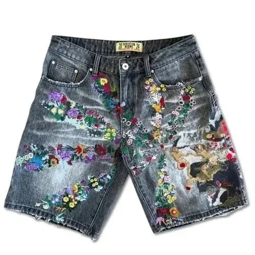 Corteiz Star Embroidered Denim Shorts Light Wash - 9