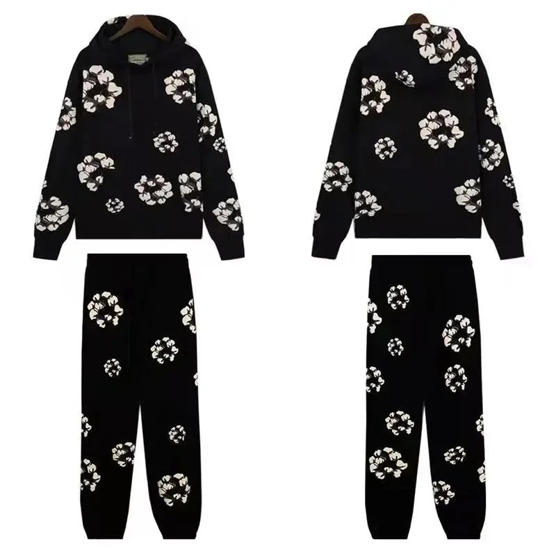 Design Floral Print Black Hoodie and Sweatpants Set - 1