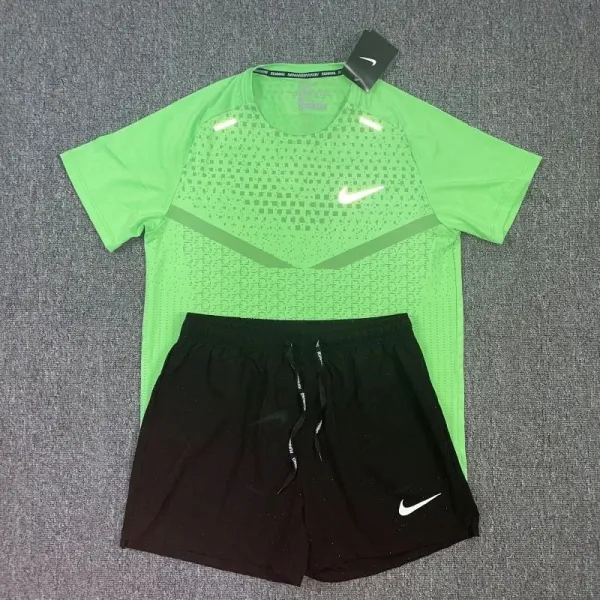 Nike Running Top and Shorts Set Neon Green/Black Activewear - 1