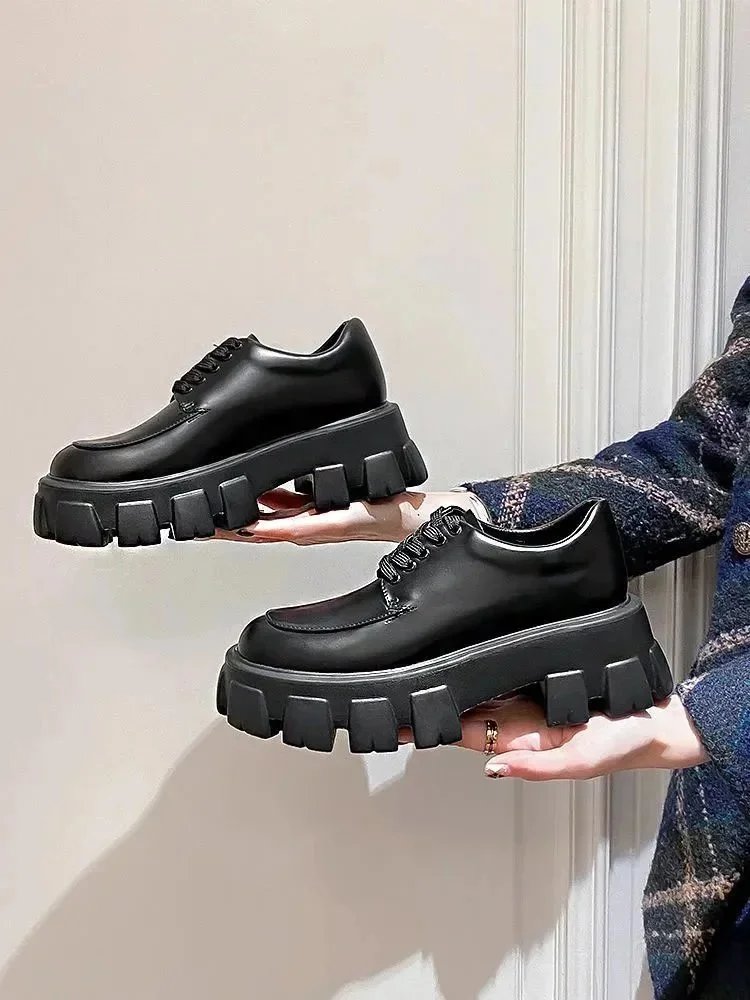 Chunky Platform Derby Shoes Black Leather Shoes - 9