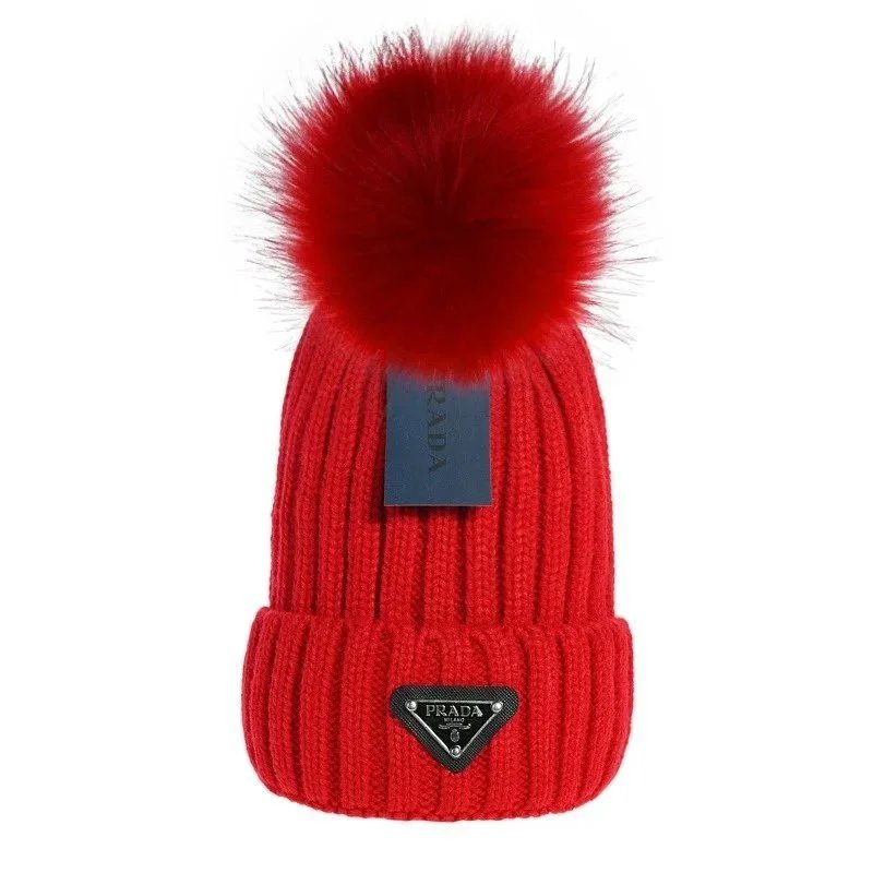 Prada Ribbed Knit Beanie with Fox Fur Pom-Pom Red - 1
