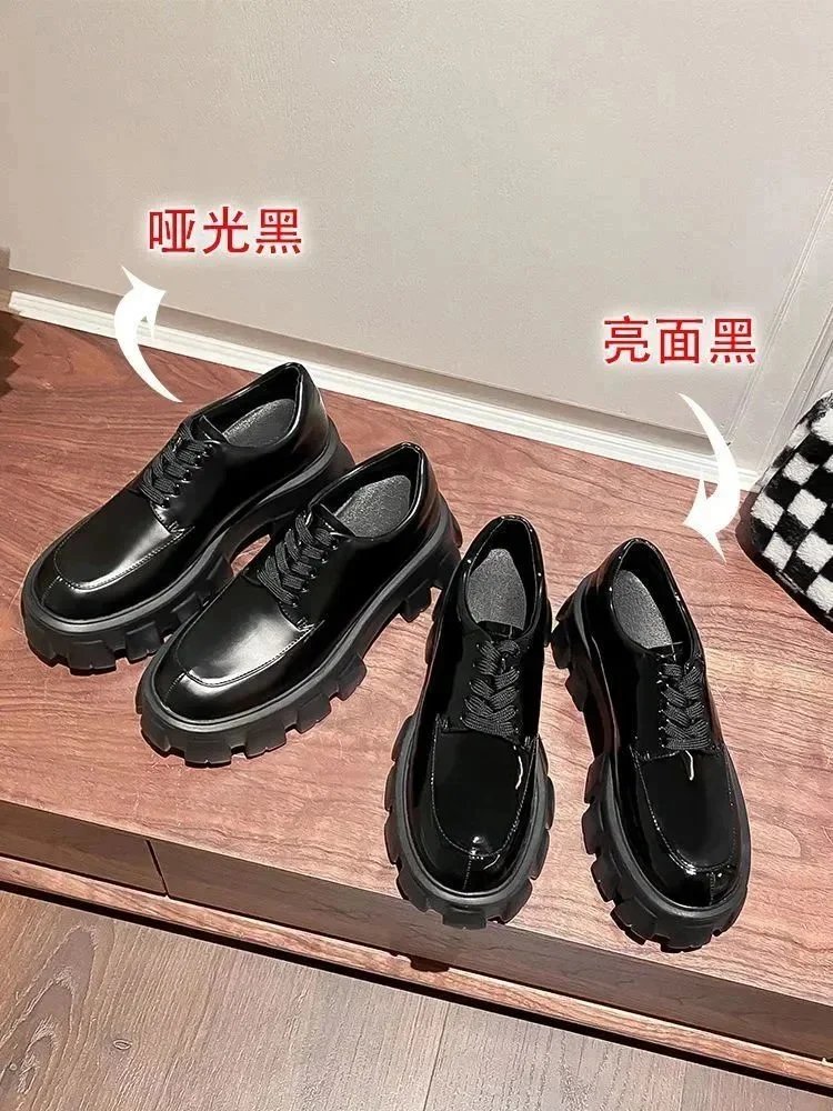 Chunky Platform Derby Shoes Black Leather Shoes - 7