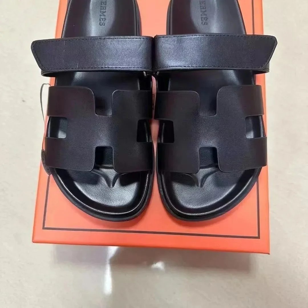 Hermès Oran Sandals Black Leather Slippers - 1