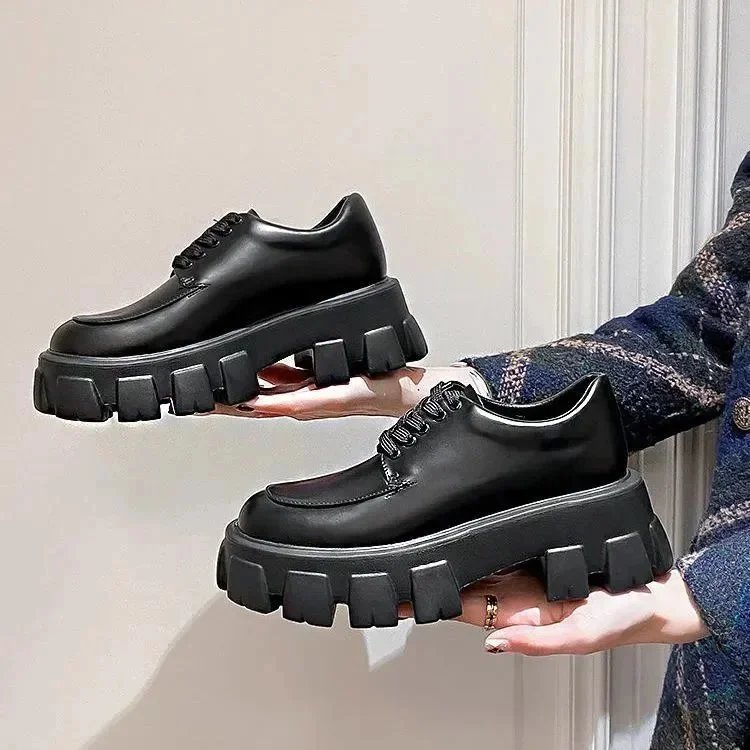 Chunky Platform Derby Shoes Black Leather Shoes - 10