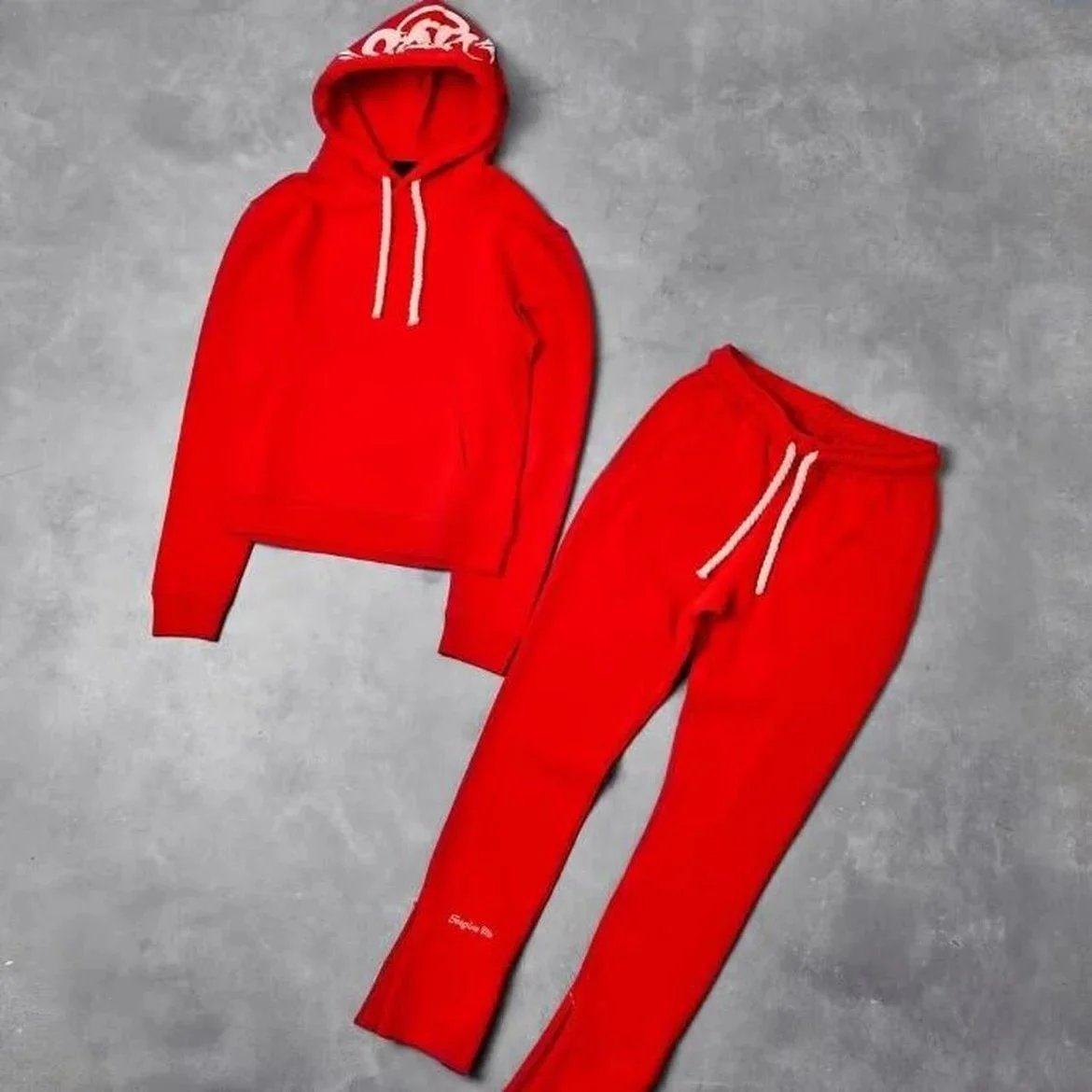 Design Cropped Hoodie and Split-Hem Sweatpants Set Gray with Pink Drawstrings - 3