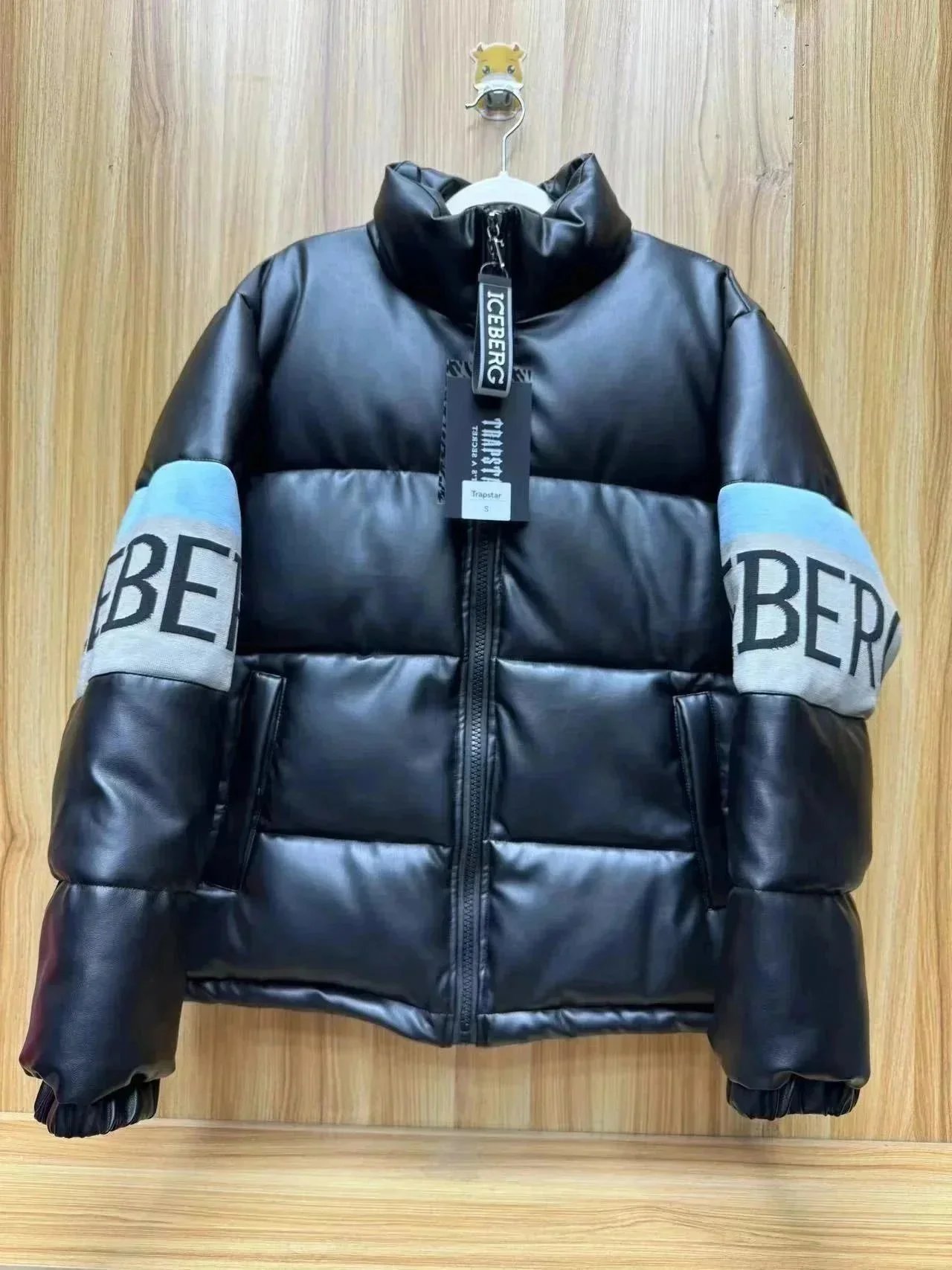 Iceberg x Trapstar Black Leather Puffer Jacket with Logo Sleeve Bands - 1